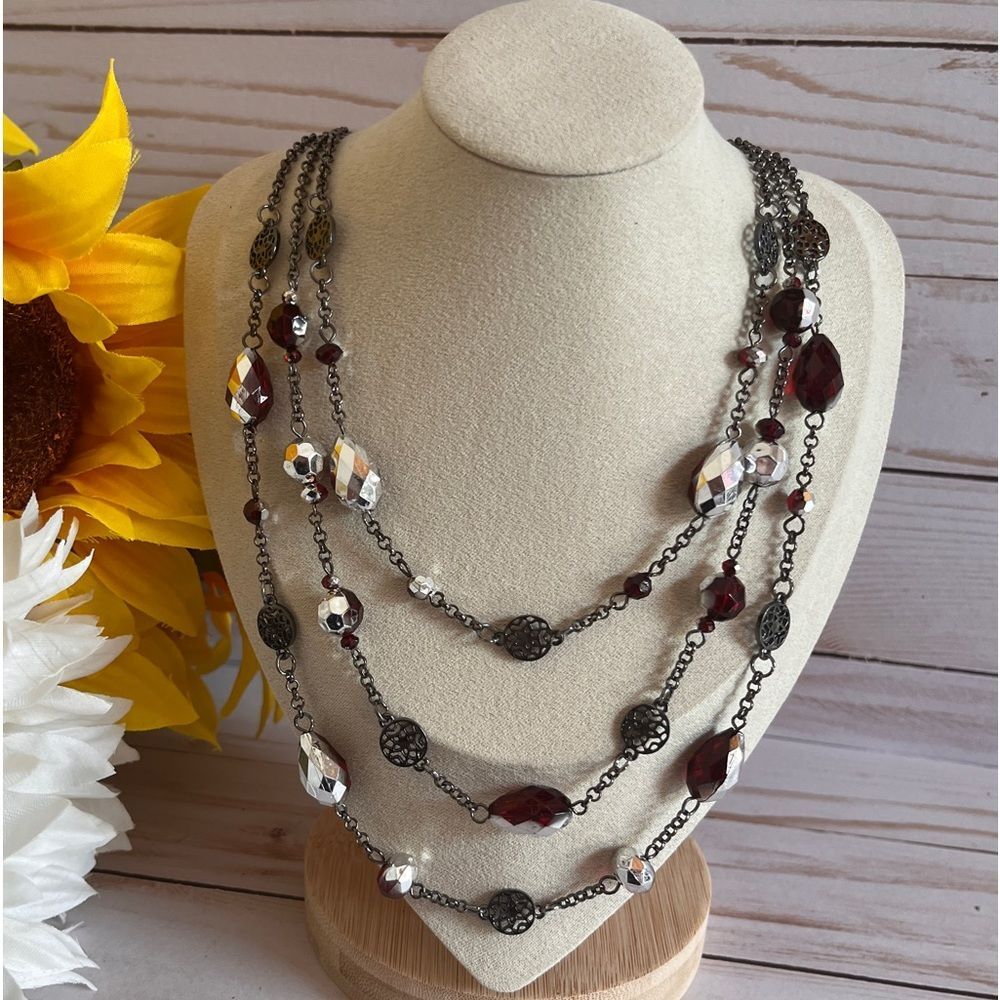 Layered Red & Silver Beaded Necklace